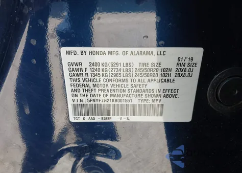 2019 Honda Passport Sport из США, поврежденный, VIN 5FNYF7H21KB001551